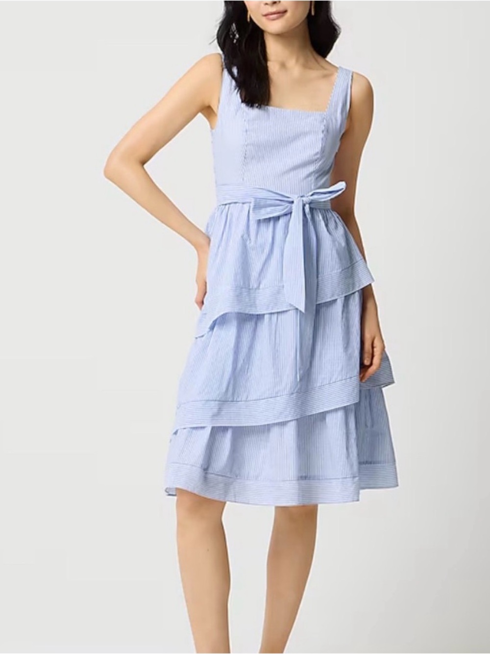 NWT $128 J Crew Stripe Belted Tiered Dress in White/Banker Blue 10 - Picture 2 of 3